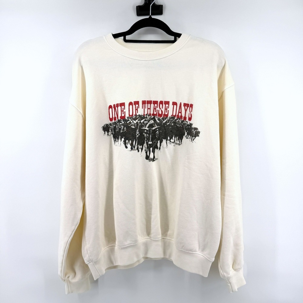 One Of These Days Sweatshirt Cattle Graphic Large Uni Cream Western Streetwear